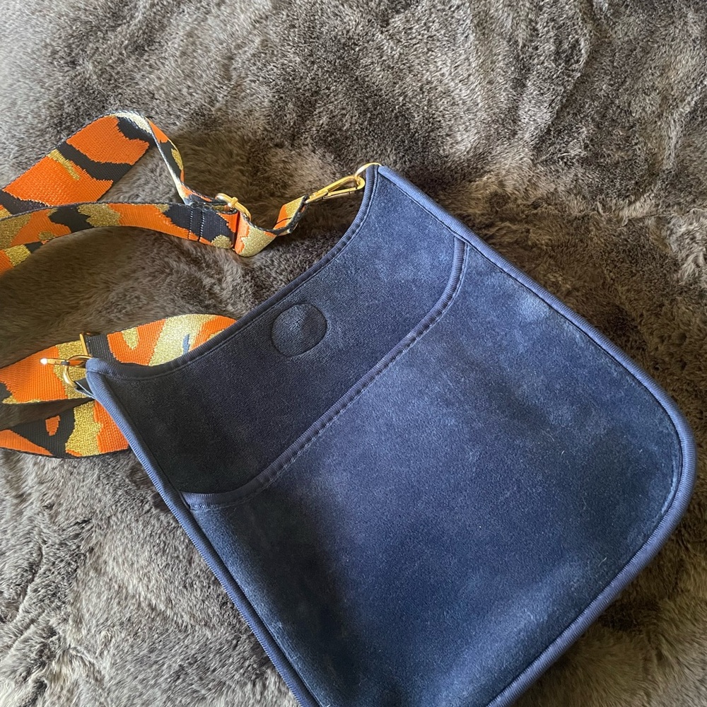Stylish Blue Suede Bag with Orange Strap